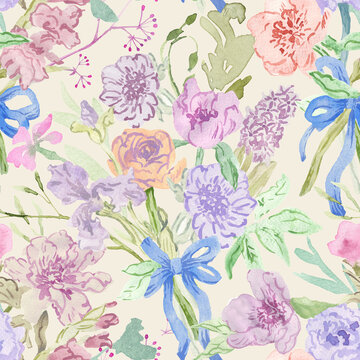 A seamless floral pattern featuring bouquets of flowers, peonies, lucid flowers, and irises tied with ribbon, painted with watercolors in soft pastel tones.