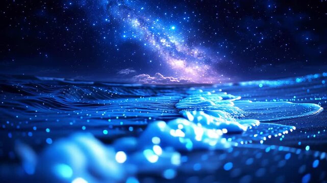 Stunning Bioluminescent Ocean Waves Under Milky Way Galaxy Slow Motion Cinematic - made with Generative AI