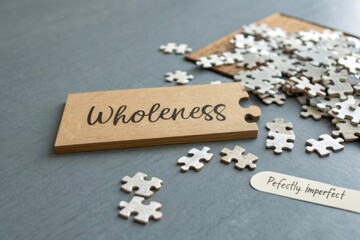 Inspirational wooden sign displaying the word Wholeness surrounded by puzzle pieces on a textured gray surface