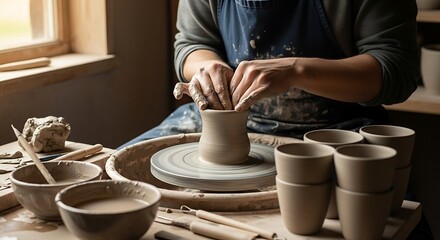 Potter Shaping Clay on Wheel in Studio.