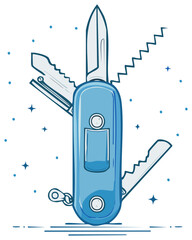 Blue multitool cartoon illustration showcasing assorted features useful for camping and outdoor activities