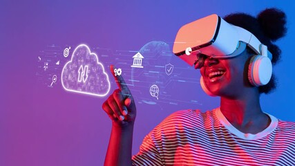 A joyful woman dons a virtual reality headset, immersed in a colorful digital world, showcasing the blend of technology and creativity in modern lifestyles. Raster - Powered by Adobe