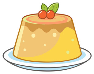 Cute cartoon caramel custard pudding with cherry topping illustration