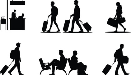 Airport activity icon set, black silhouette travel scenes, passengers with luggage, check-in counter, waiting area, air travel vector illustration