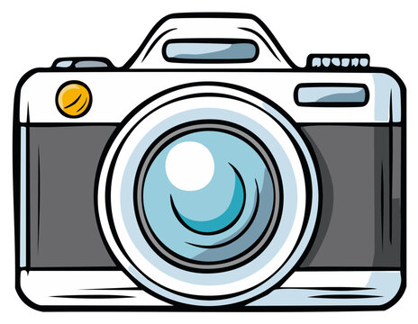 Cartoon style image of a camera with a blue lens, ready to capture memories.