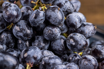 a branch of beautiful blue grapes lying on the table covered with drops of water, wet fruits of pure blue grapes on a branch on the table during cooking