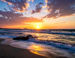 Stunning sunset over a tranquil beach.  Waves lap at the shore, reflecting golden light. Dramatic clouds fill the sky