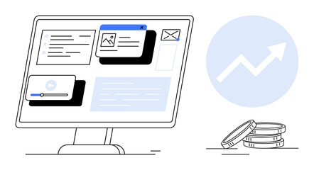 Computer monitor displaying multimedia content sections, including text, video, and images. Coin stack symbolizes profit with upward arrow. Ideal for finance, technology, business, content creation