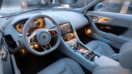 Luxury Interior Design: The interior of a sleek, modern car exudes opulence. Meticulously crafted details in the dashboard, steering wheel, and seating suggest a superior driving experience.