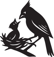 Silhouette of a cardinal feeding its baby bird in a nest isolated on white background