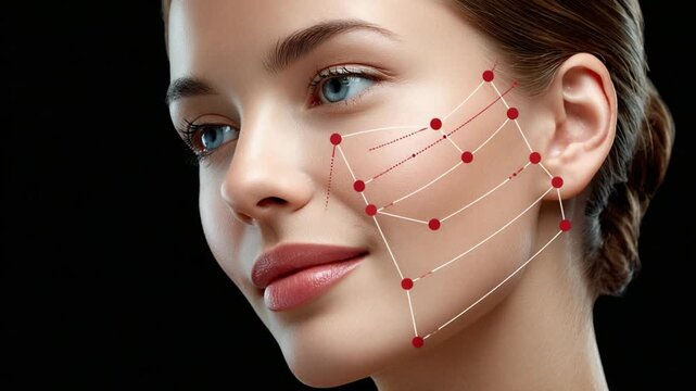 Threads of Beauty: A close-up shot showcases a woman's face, elegantly marked with a diagram of thread lift treatment, emphasizing the potential for enhanced facial aesthetics and rejuvenation.