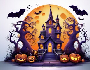 AI Generative Halloween haunted house with pumpkins and bats under a full moon.