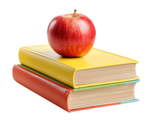 A single red apple resting atop a stack of colorful books on transparent background