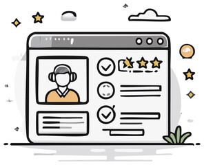 User interface with customer service avatar, star rating, and feedback survey in a playful doodle style
