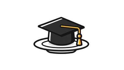 Black academic graduation cap with a golden tassel served on a white dinner plate as a conceptual icon.