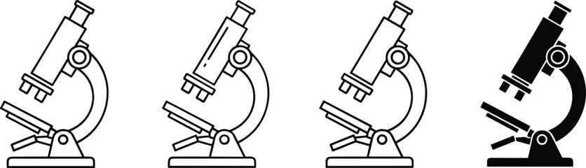 Black and white microscope icon set featuring four stylized scientific illustrations in outline, detailed, thick, and silhouette styles