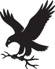 Silhouette of a majestic eagle perched on a branch isolated on white background