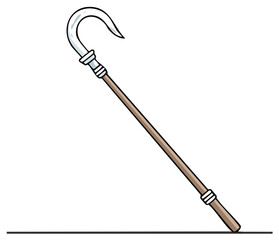 Cartoon crook cane illustration leaning brown wooden shaft with metal handle