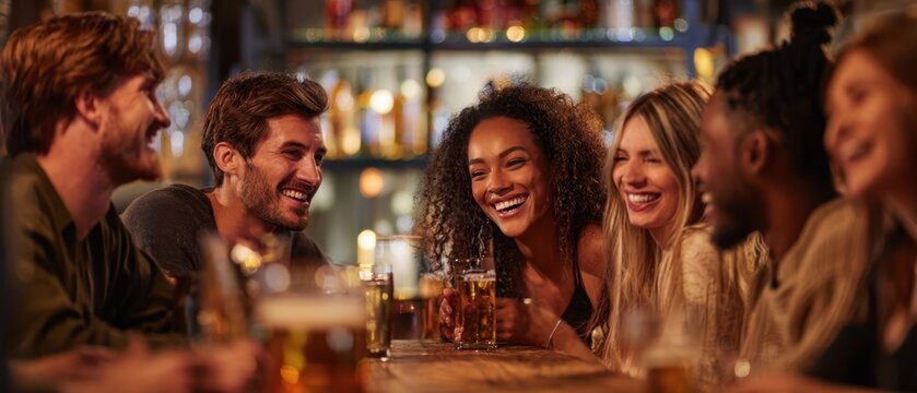 The Friends Laughing and Toasting Over Drinks in a Cozy Bar
