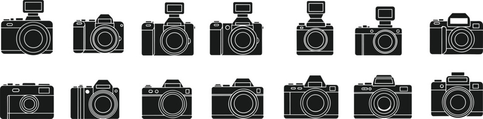 Black camera icon set featuring various styles and models with viewfinders, flash units, and streamlined body designs for photography