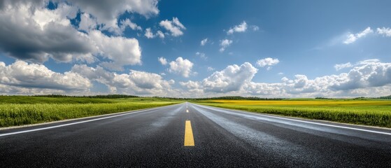 The road leading through endless green and yellow fields under dramatic blue sky