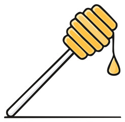 Honey dipper with golden drop dripping. Sweet natural food kitchen utensil vector illustration.