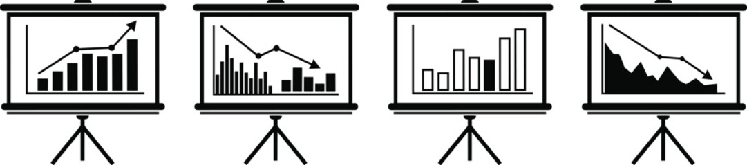 Black presentation board icon set featuring bar and line graphs with upward and downward trends for business and data analysis