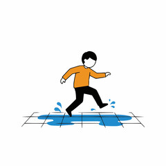 Obraz premium Child slipping while walking on wet tiles in a playful manner 
