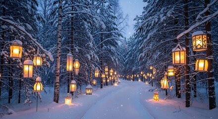 Obraz premium Winter Wonderland - Lanterns Illuminate a Snowy Forest Path.
