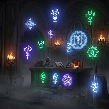 Mystic Runes in a Dark Chamber - An Enigmatic Display of Arcane Symbols.