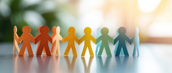 The paper chain of multicolored human figures symbolizing unity and teamwork