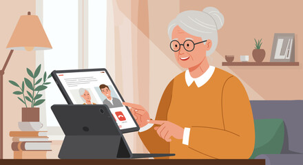 A flat design illustration depicting an elderly woman confidently using a tablet for a video call, representing the growing role of technology in maintaining social connections and accessing telemedic