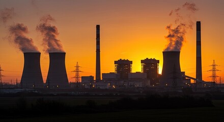 Powerful industrial power plant silhouette against a vibrant sunset sky, symbolizing energy production and industrial might with towering cooling towers and smokestacks emitting steam.