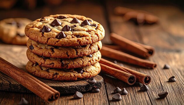 Stack of Chocolate Chip Cookies on Rustic Wood Table with Cinnamon Sticks