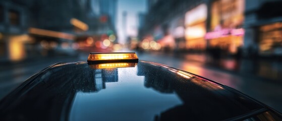 The Taxi Roof With Illuminated Sign Reflecting City Lights At Night