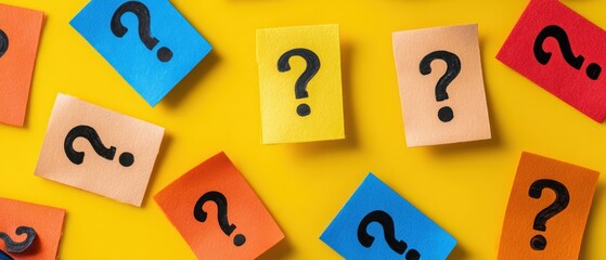The Question Mark Sticky Notes on Bright Yellow Background Suggesting Confusion and Curiosity