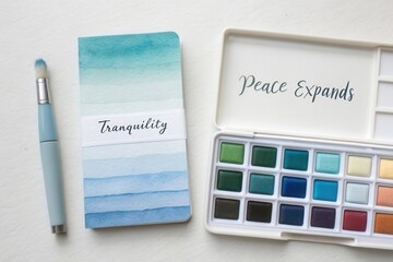 Calm Palette and Notebook with Watercolor Brush Expressing Artistic Creativity and Tranquility in Soft Blue Hues