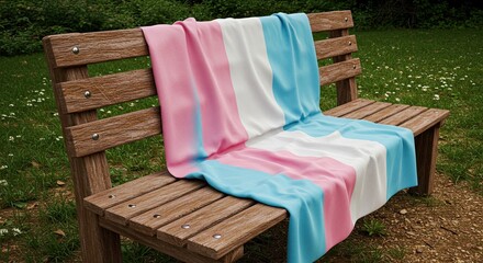 Transgender pride flag draped over a rustic wooden park bench surrounded by lush green grass and delicate white wildflowers, symbolizing identity and acceptance in nature