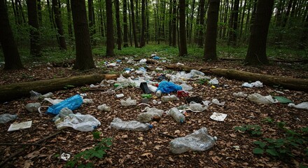 Devastating forest floor littered with widespread plastic waste and debris, highlighting environmental pollution and ecological damage impacting natural landscapes