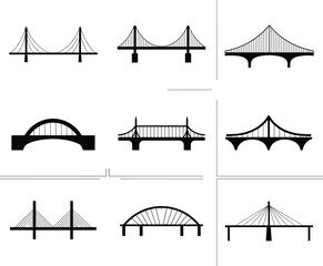 Bridge icon set, architectural styles, suspension, arch, cable-stayed, beam bridge designs, black and white vector, civil engineering illustration