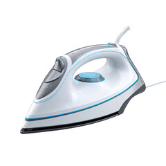 Detailed silver and blue steam iron with a modern design on transparent background