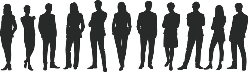 Business team silhouette standing in row, corporate professionals, teamwork concept, diverse group, black and white illustration, leadership, unity