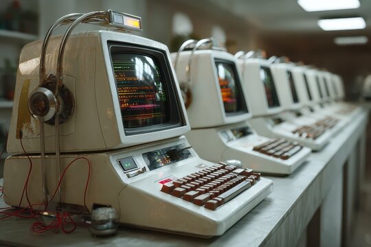 Old style computer terminals showcase the evolution of technology with unique displays and intricate designs in a nostalgic setup at a retro tech exhibition