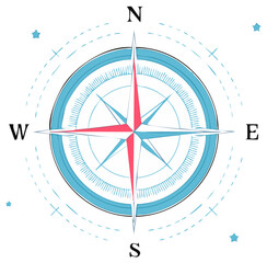 Stylized Nautical Compass Rose with Cardinal Directions and Decorative Stars