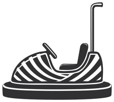 Black and white illustration of a bumper car, showing steering wheel and seat, on a plain background