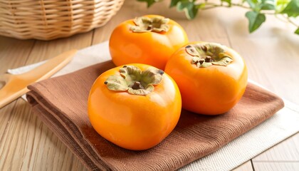 Three ripe persimmons on a brown cloth napkin