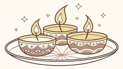 Three lit candles on a decorative plate surrounded by sparkling stars creating a festive atmosphere here