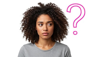 Pensive young woman with curly hair looking sideways with a bright pink question mark nearby, conveying uncertainty or contemplation in a clean studio setting.