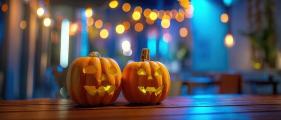 The Pumpkins on a Wooden Table with Glowing Carved Faces and Festive Bokeh Lights