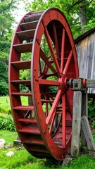 Large red water wheel in garden setting